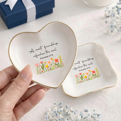 Christian Friendship Jewelry Dish – Proverbs 27:9 Scripture Ceramic Ring Tray, Faith Gift for Her