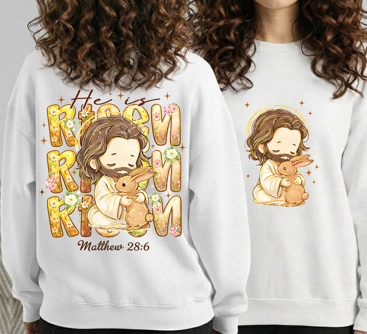 Chibi Jesus And Rabbit Matthew 28:6 - Two Sides - He is Risen - Unisex Tshirt / Hoodie / Sweatshirt
