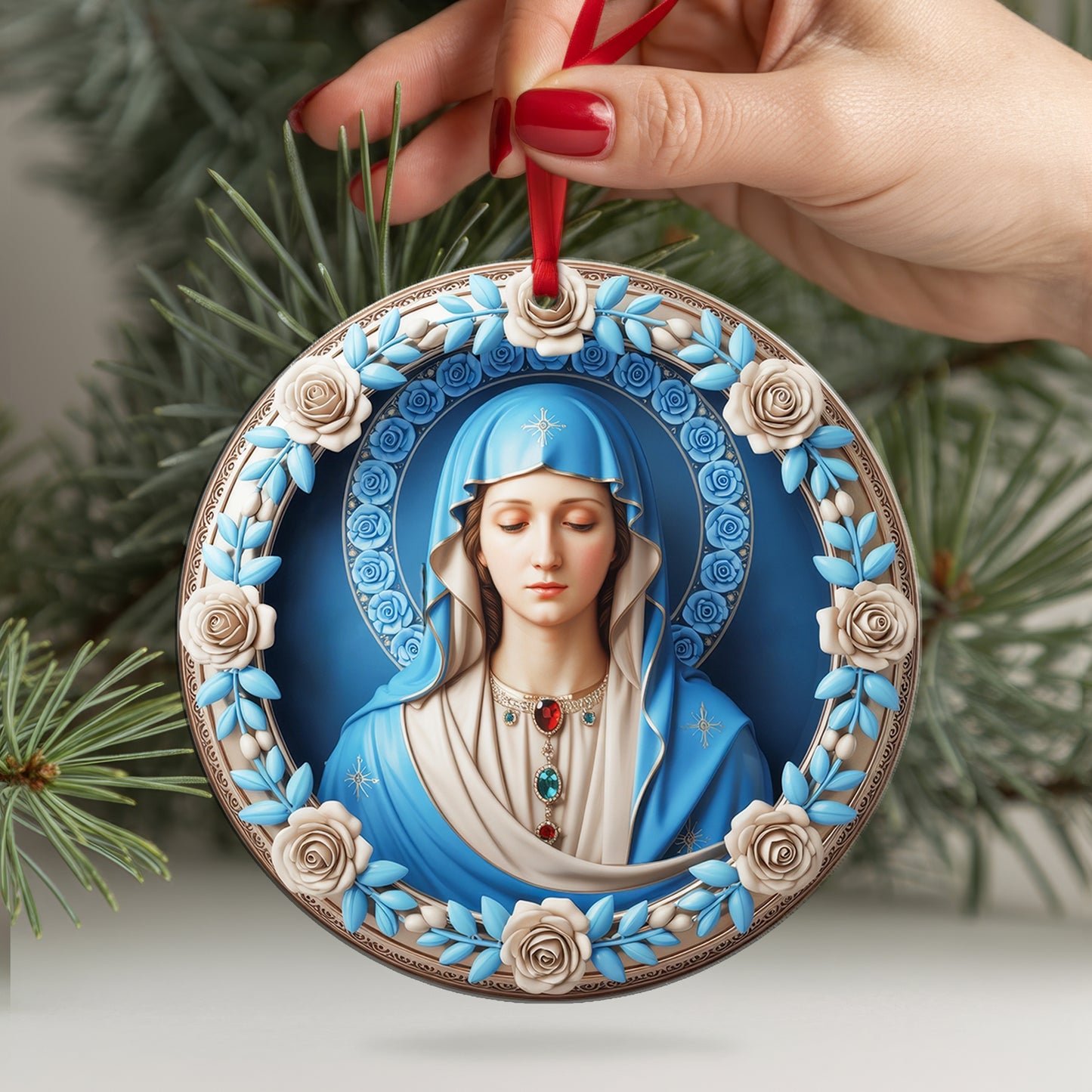 Blessed Mother Mary Christmas Ornament Two Sided | Our Lady of Grace | Catholic Christian Keepsake Decoration