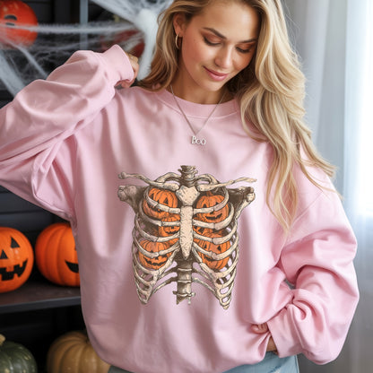 Pumpkin Ribcage Skeleton Halloween T-Shirt Jack-O-Lantern Anatomy Spooky Season Tee