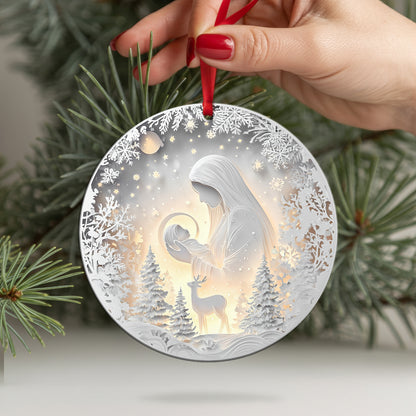 Layered Art Nativity Scene Christmas Ornament | Mary and Jesus in Winter Forest | Christian Keepsake Decoration