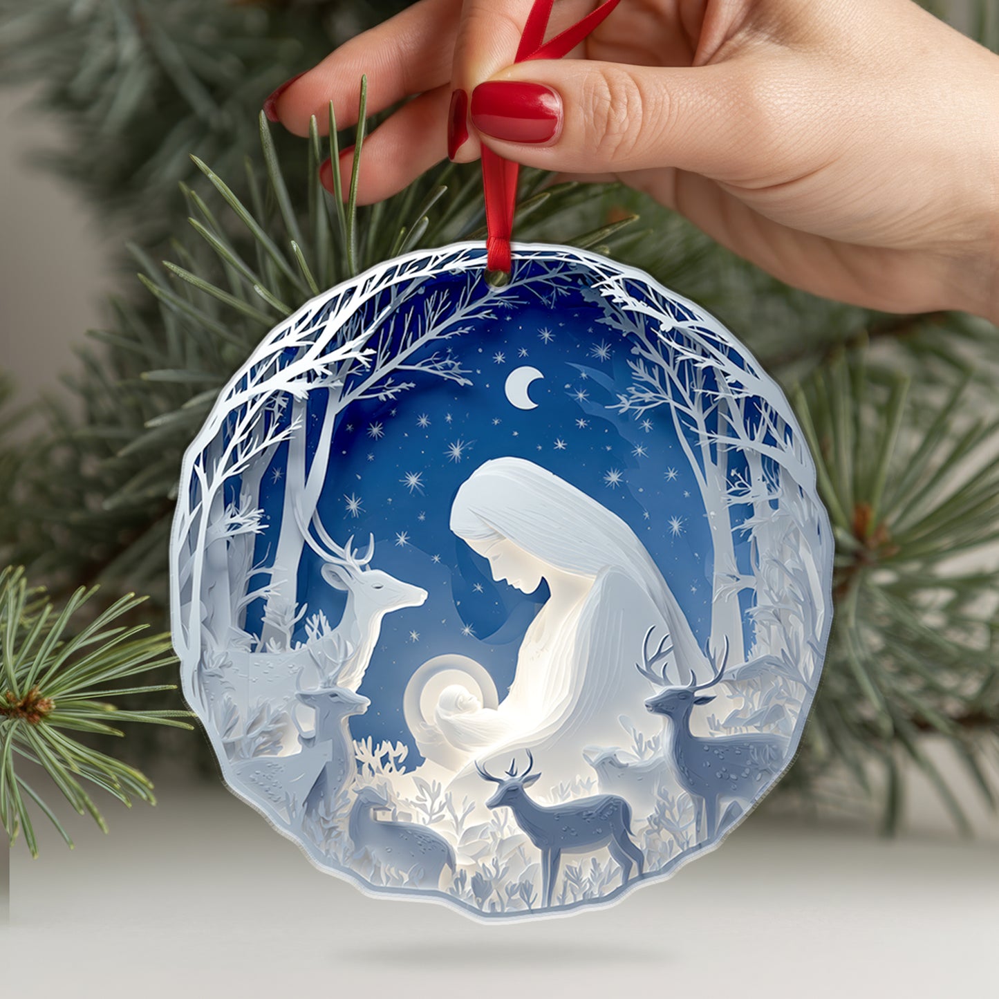 Layered Art Nativity Scene Christmas Ornament | Mary and Jesus in Winter Forest | Christian Keepsake Decoration