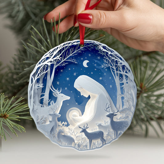 Layered Art Nativity Scene Christmas Ornament | Mary and Jesus in Winter Forest | Christian Keepsake Decoration