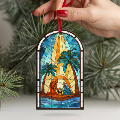 Coastal Nativity Stained Glass Christmas Ornament | Holy Family Palm Tree Scene | Unique Christian Keepsake