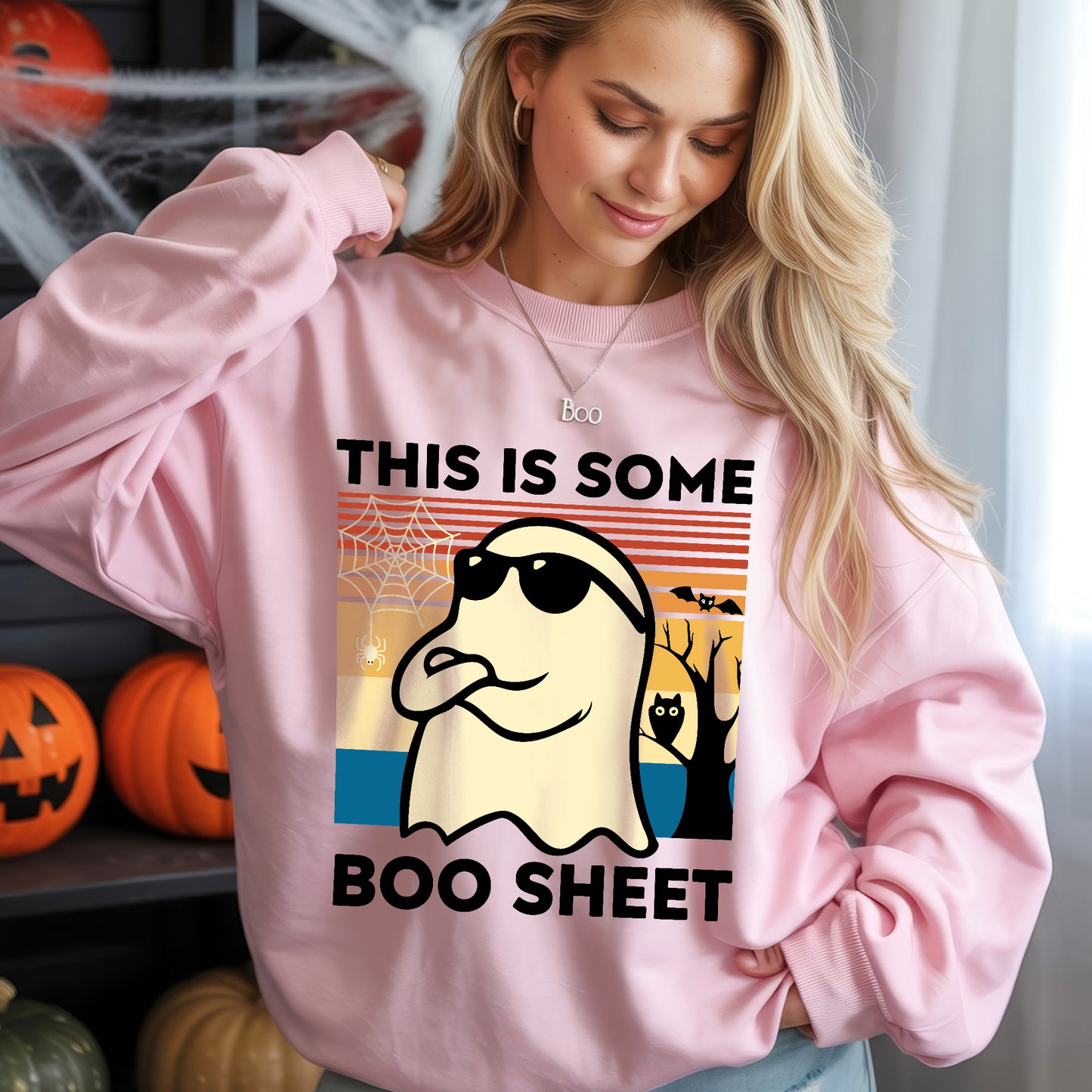 This Is Some Boo Sheet Funny Ghost Halloween T-Shirt - Vintage Sunset Spooky Season Humor Tee
