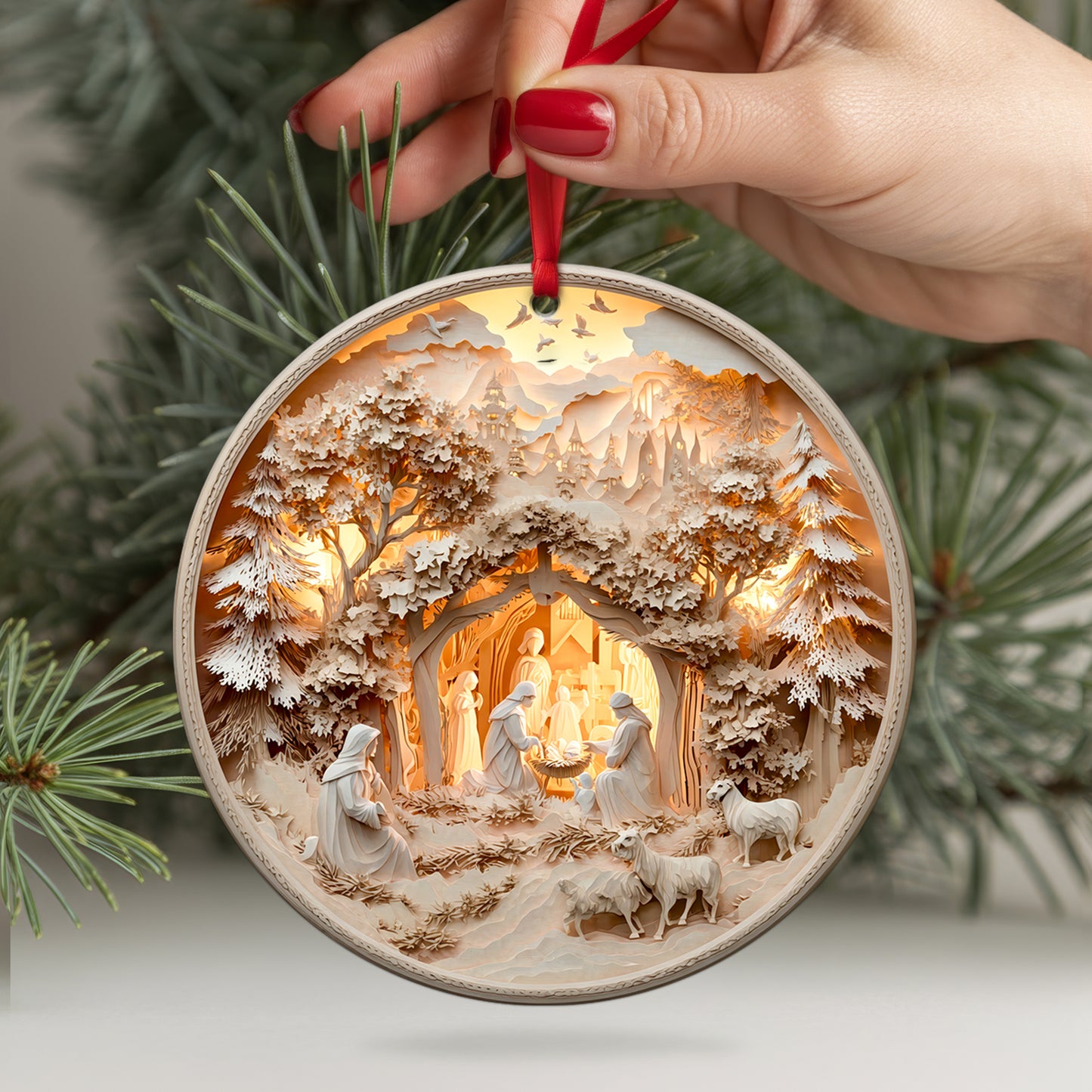 Layered Art Nativity Scene Christmas Ornament | 3D Papercraft Style Keepsake | Christian Tree Decoration