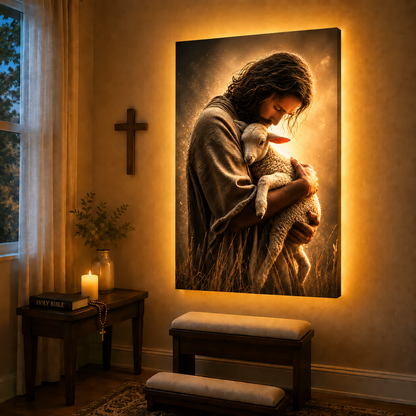 LED Jesus The Good Shepherd Canvas/Mica – Christian Wall Art with Hidden Backlight