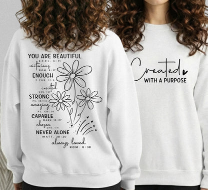 Created With a Purpose Floral Scripture Design – Two Sides – Minimalist Faith – Unisex Tshirt /Hoodie/Sweatshirt - Faith Guided Life
