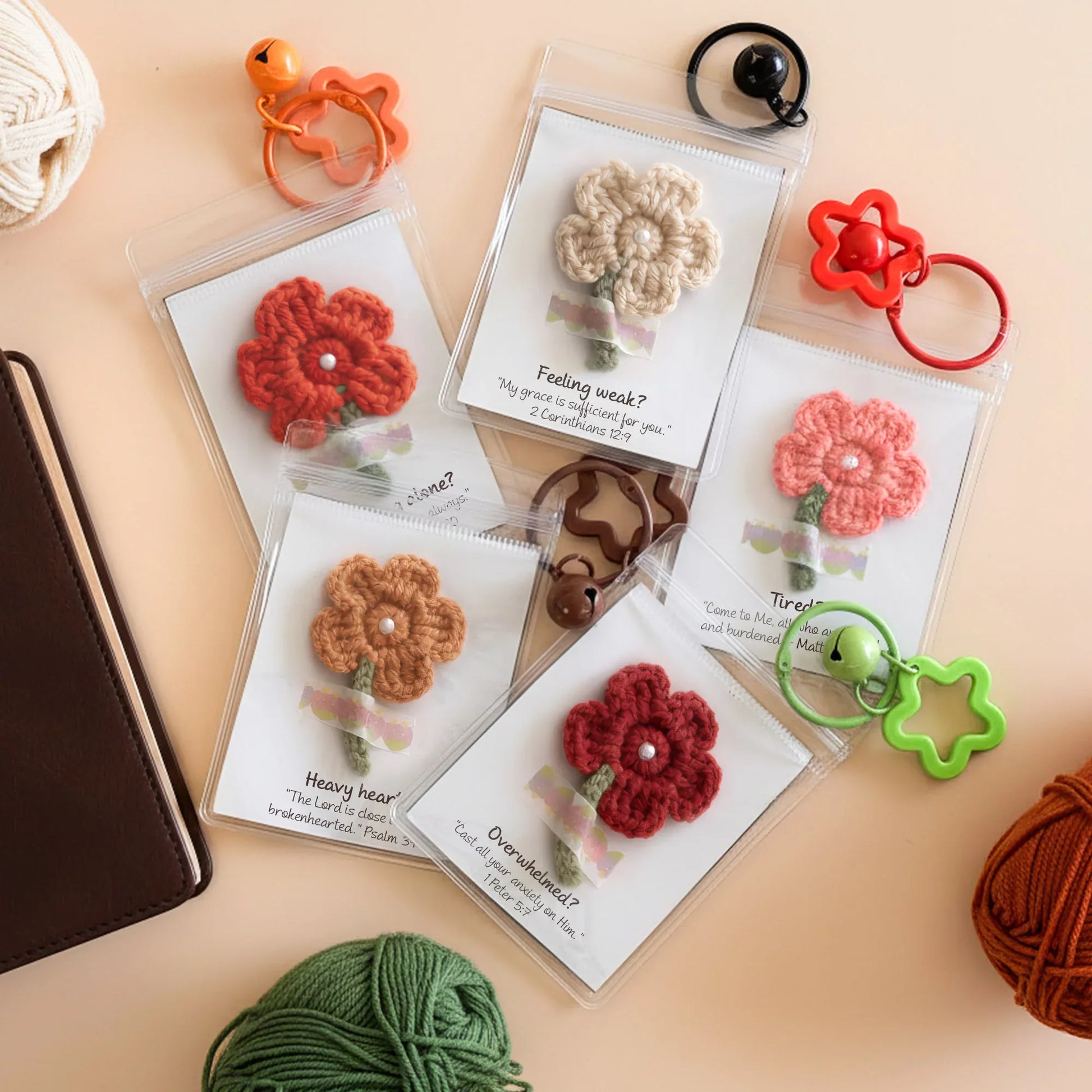 Encouragement Scripture Flower Keychain – Handmade Crochet - Faith Guided Life