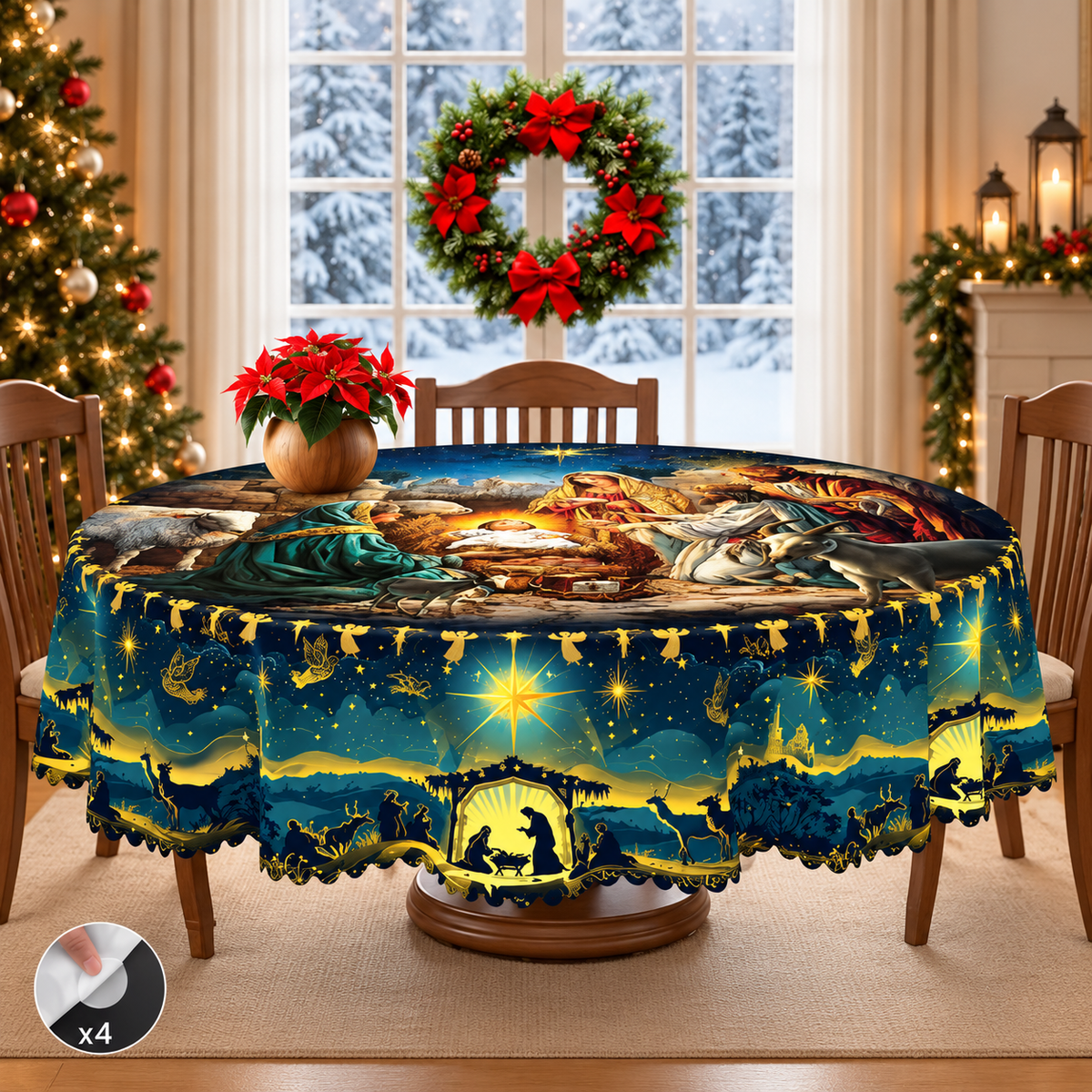 Holy Night Nativity Scene Christmas Tablecloth – Jesus Birth Starry Night Holiday Table Cover