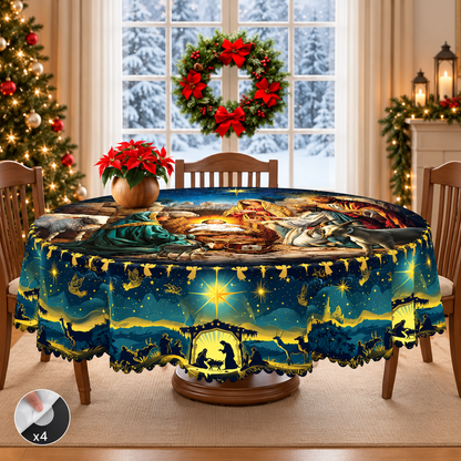 Holy Night Nativity Scene Christmas Tablecloth – Jesus Birth Starry Night Holiday Table Cover