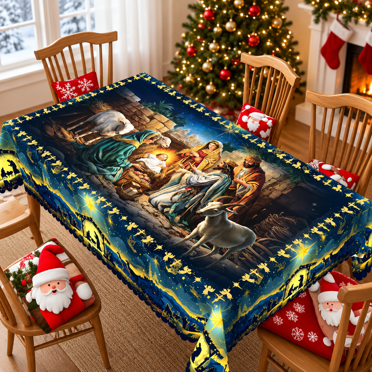 Holy Night Nativity Scene Christmas Tablecloth – Jesus Birth Starry Night Holiday Table Cover