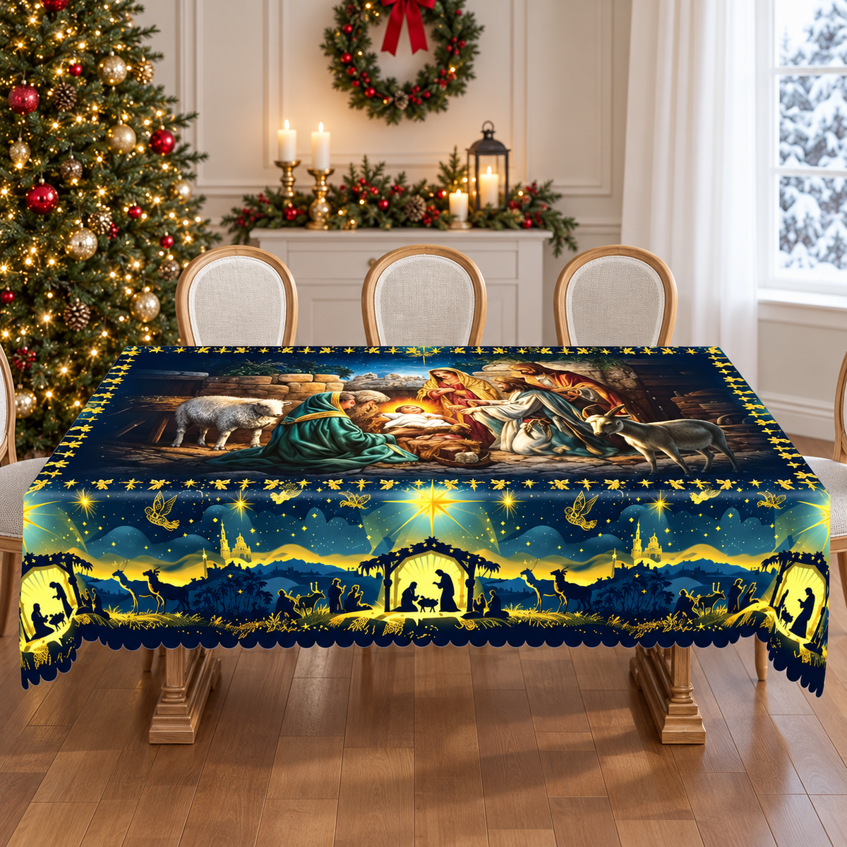 Holy Night Nativity Scene Christmas Tablecloth – Jesus Birth Starry Night Holiday Table Cover