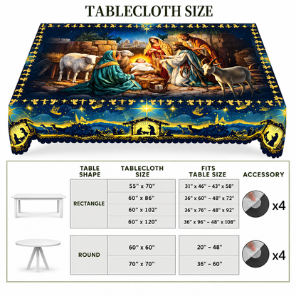 Holy Night Nativity Scene Christmas Tablecloth – Jesus Birth Starry Night Holiday Table Cover