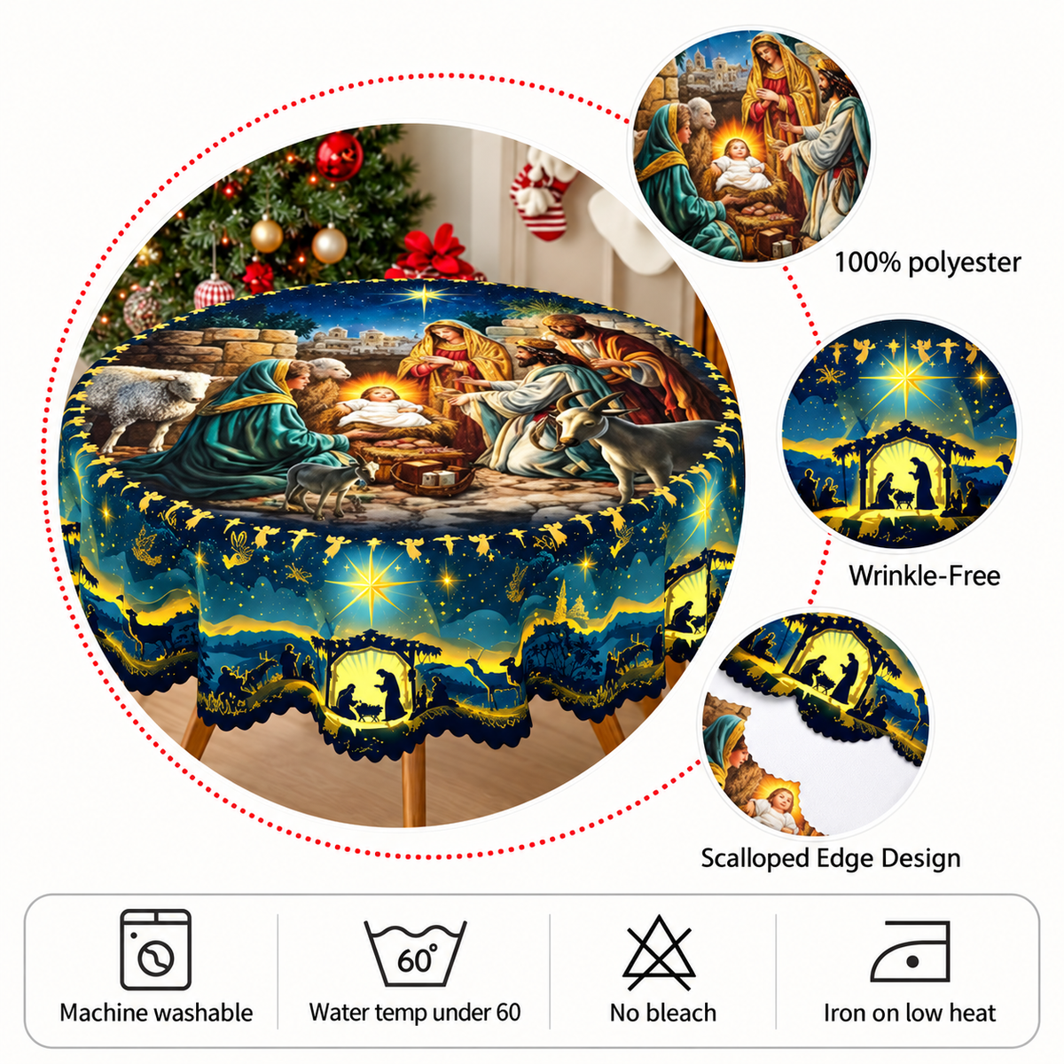 Holy Night Nativity Scene Christmas Tablecloth – Jesus Birth Starry Night Holiday Table Cover