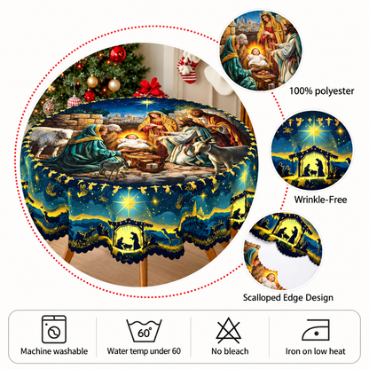 Holy Night Nativity Scene Christmas Tablecloth – Jesus Birth Starry Night Holiday Table Cover