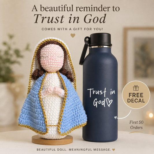 Handmade Crochet Virgin Mary Doll 7.1 In with FREE Trust in God Decal – Catholic Gift