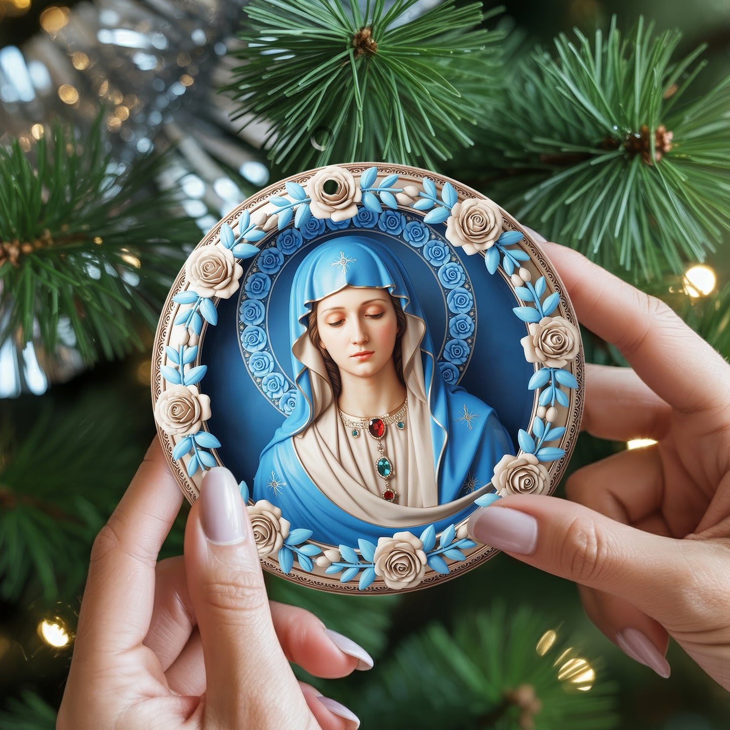Blessed Mother Mary Christmas Ornament Two Sided | Our Lady of Grace | Catholic Christian Keepsake Decoration