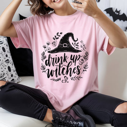 Drink Up Witches Halloween Party T-Shirt Witch Hat Botanical Spooky Season Drinking Tee