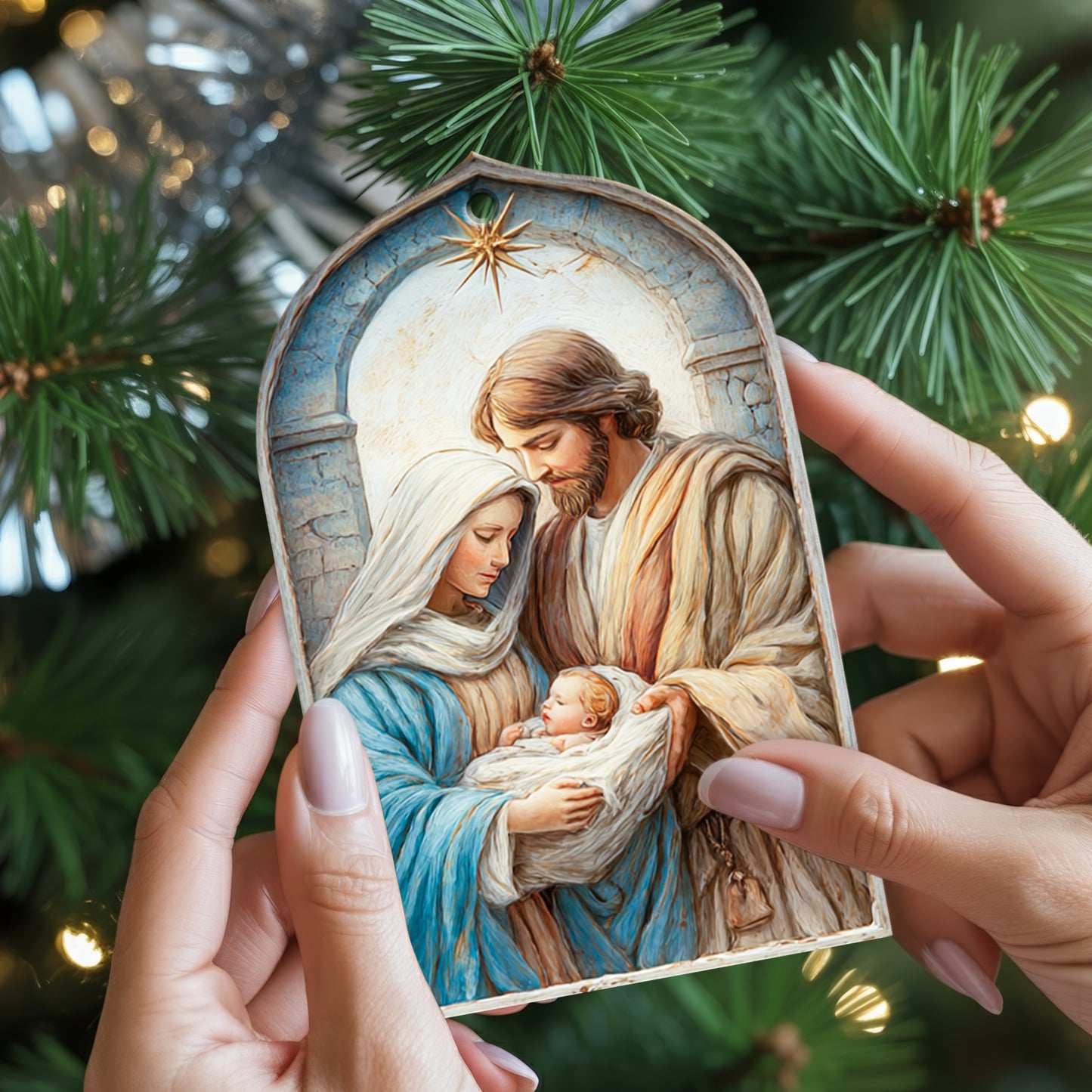 Holy Family Nativity Scene Christmas Ornament | Two-Sided Religious Christian Keepsake | Sacred Christmas Tree Decoration