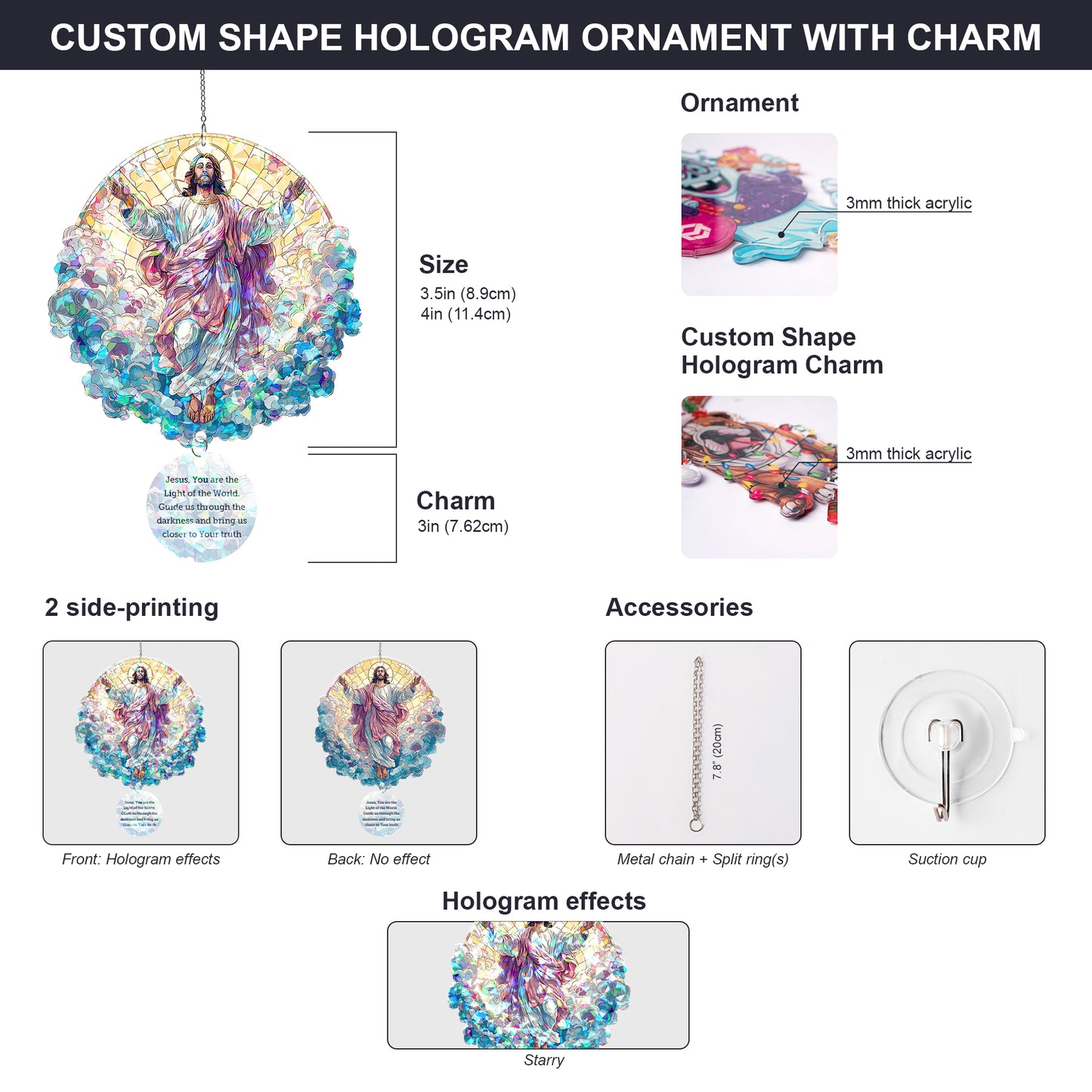 "Light of the World” Holo Acrylic 2-Layer Ornament with Prayer Tag