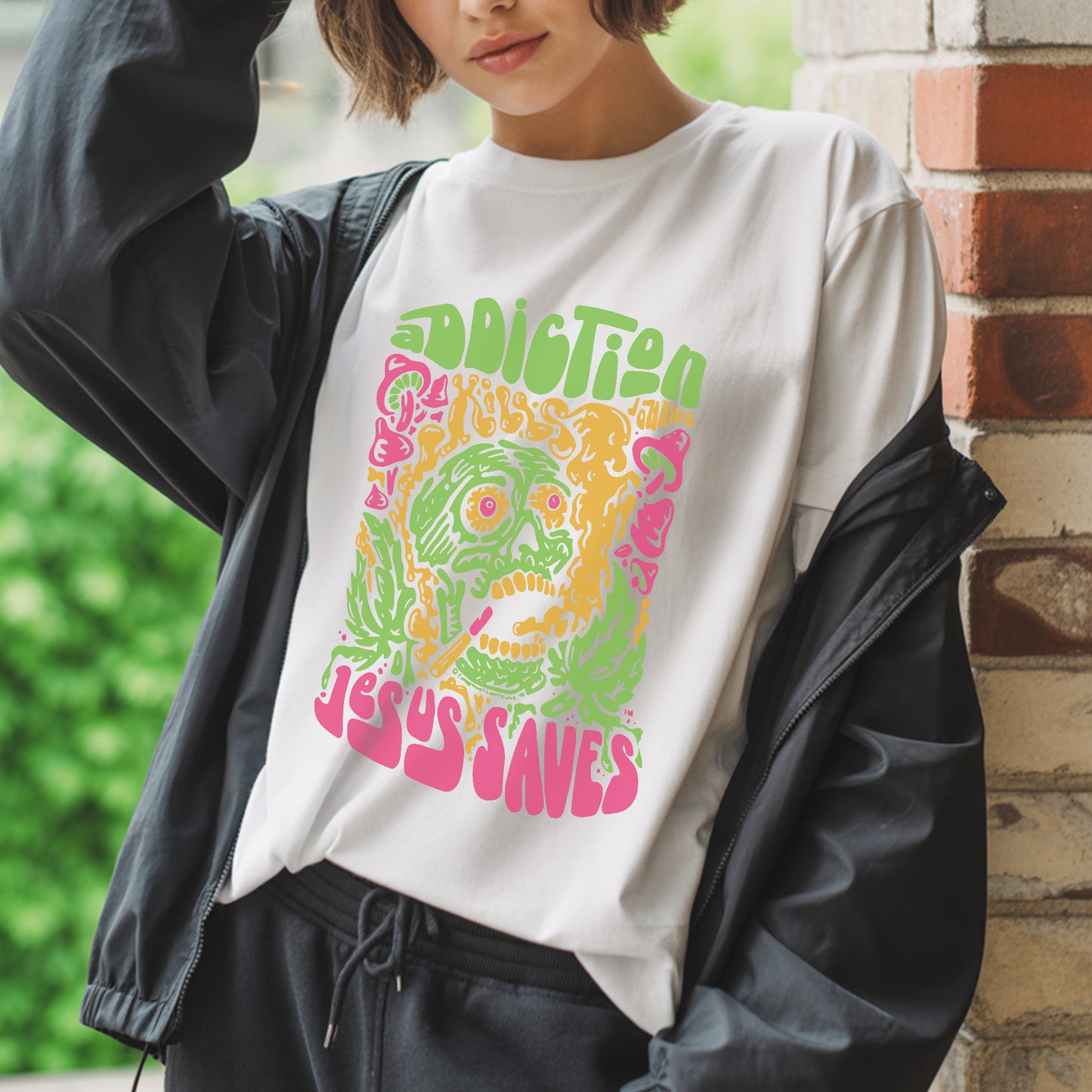 "Addiction Jesus Saves" Skull Design Christian T-Shirt | Faith Guided Life Apparel