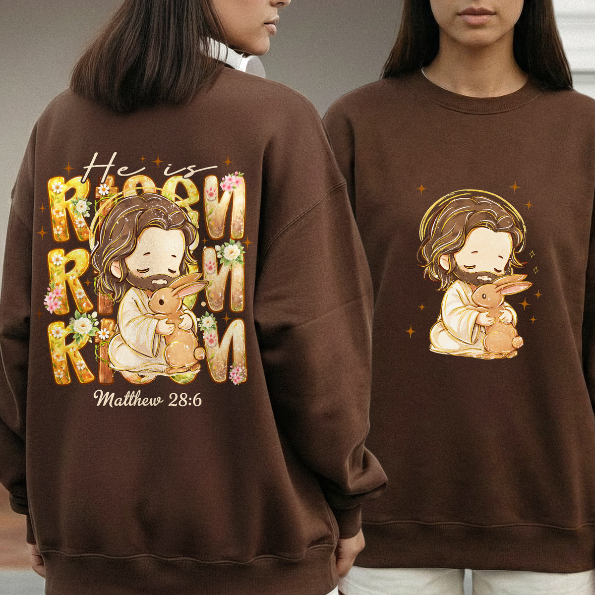 Chibi Jesus And Rabbit Matthew 28:6 - Two Sides - He is Risen - Unisex Tshirt / Hoodie / Sweatshirt