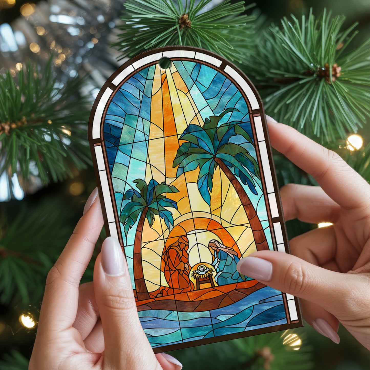 Coastal Nativity Stained Glass Christmas Ornament | Holy Family Palm Tree Scene | Unique Christian Keepsake
