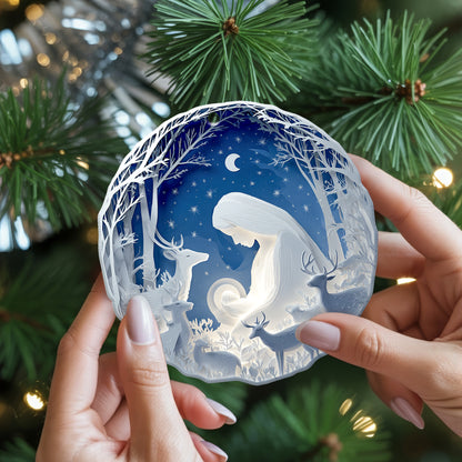 Layered Art Nativity Scene Christmas Ornament | Mary and Jesus in Winter Forest | Christian Keepsake Decoration