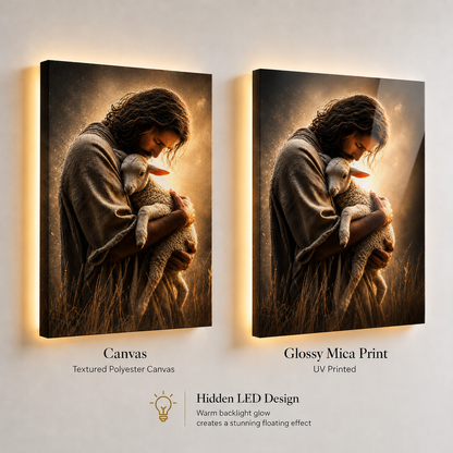 LED Jesus The Good Shepherd Canvas/Mica – Christian Wall Art with Hidden Backlight