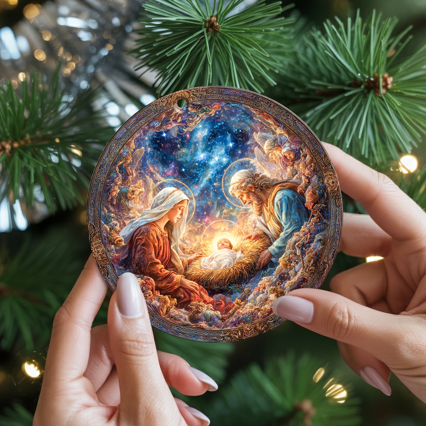 Celestial Nativity Scene Christmas Ornament | Cosmic Holy Family Keepsake | Religious Masterpiece Decoration