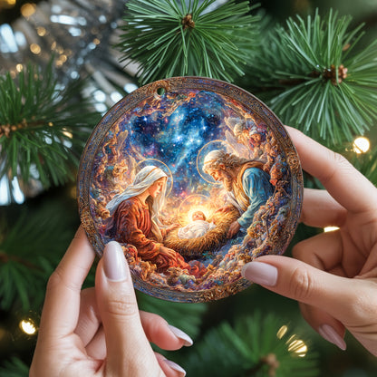 Celestial Nativity Scene Christmas Ornament | Cosmic Holy Family Keepsake | Religious Masterpiece Decoration