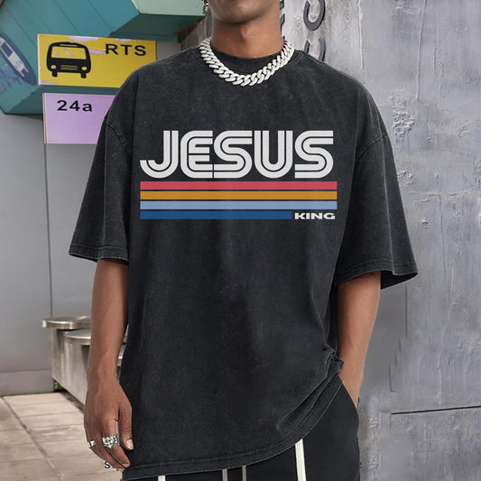 Jesus King Unisex Vintage Washed T-Shirt - Royal Authority Colorful Stripes Declaration