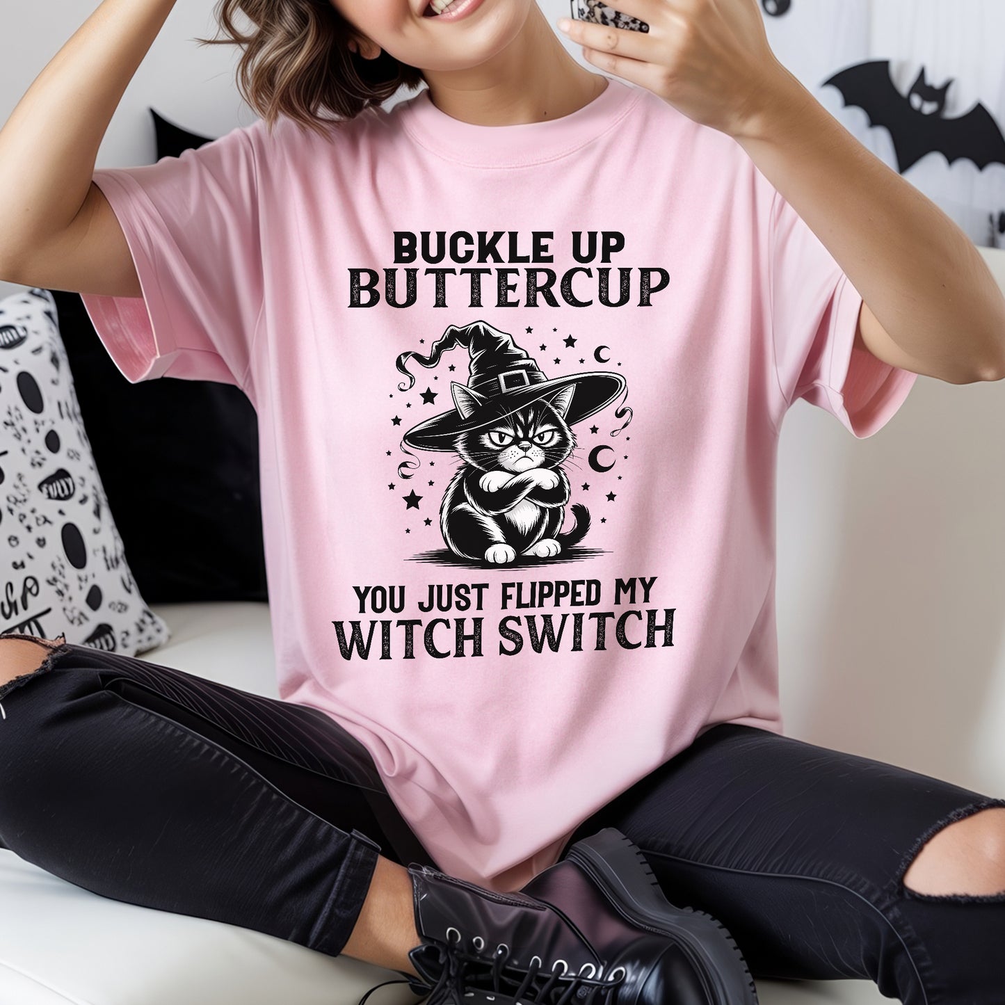 Buckle Up Buttercup You Just Flipped My Witch Switch Cat Halloween T-Shirt Sassy Spooky Tee