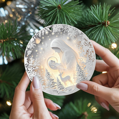 Layered Art Nativity Scene Christmas Ornament | Mary and Jesus in Winter Forest | Christian Keepsake Decoration