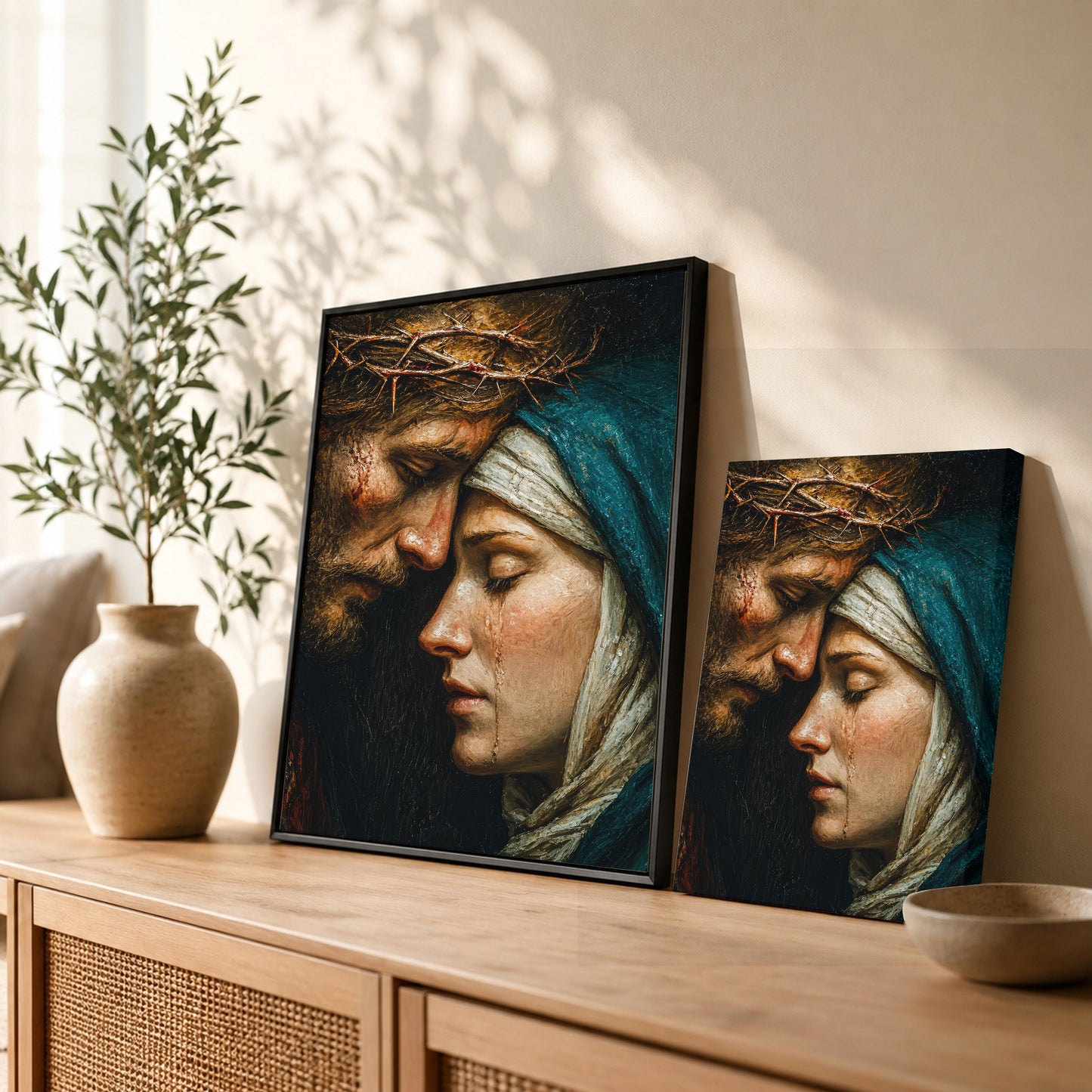 Jesus & Mary Sacred Sorrow Wall Art – Crown of Thorns Christian Poster/Canvas