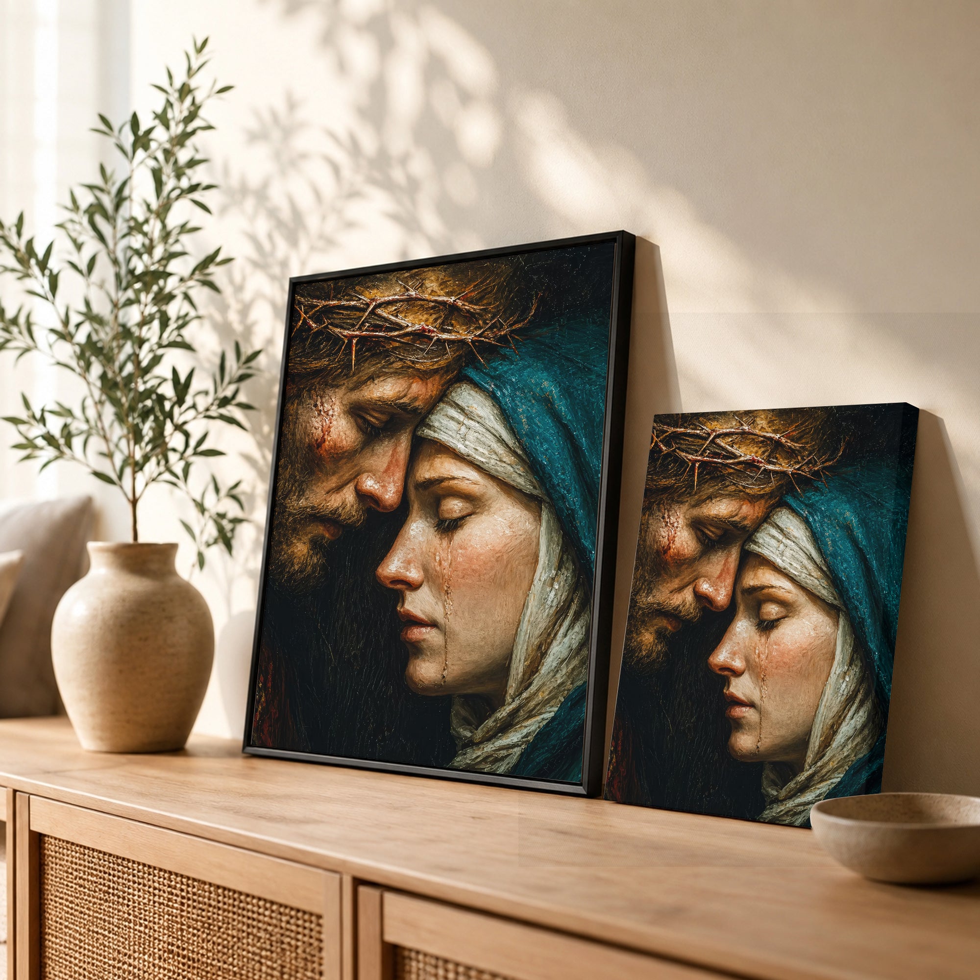 Jesus & Mary Sacred Sorrow Wall Art – Crown of Thorns Christian Poster/Canvas