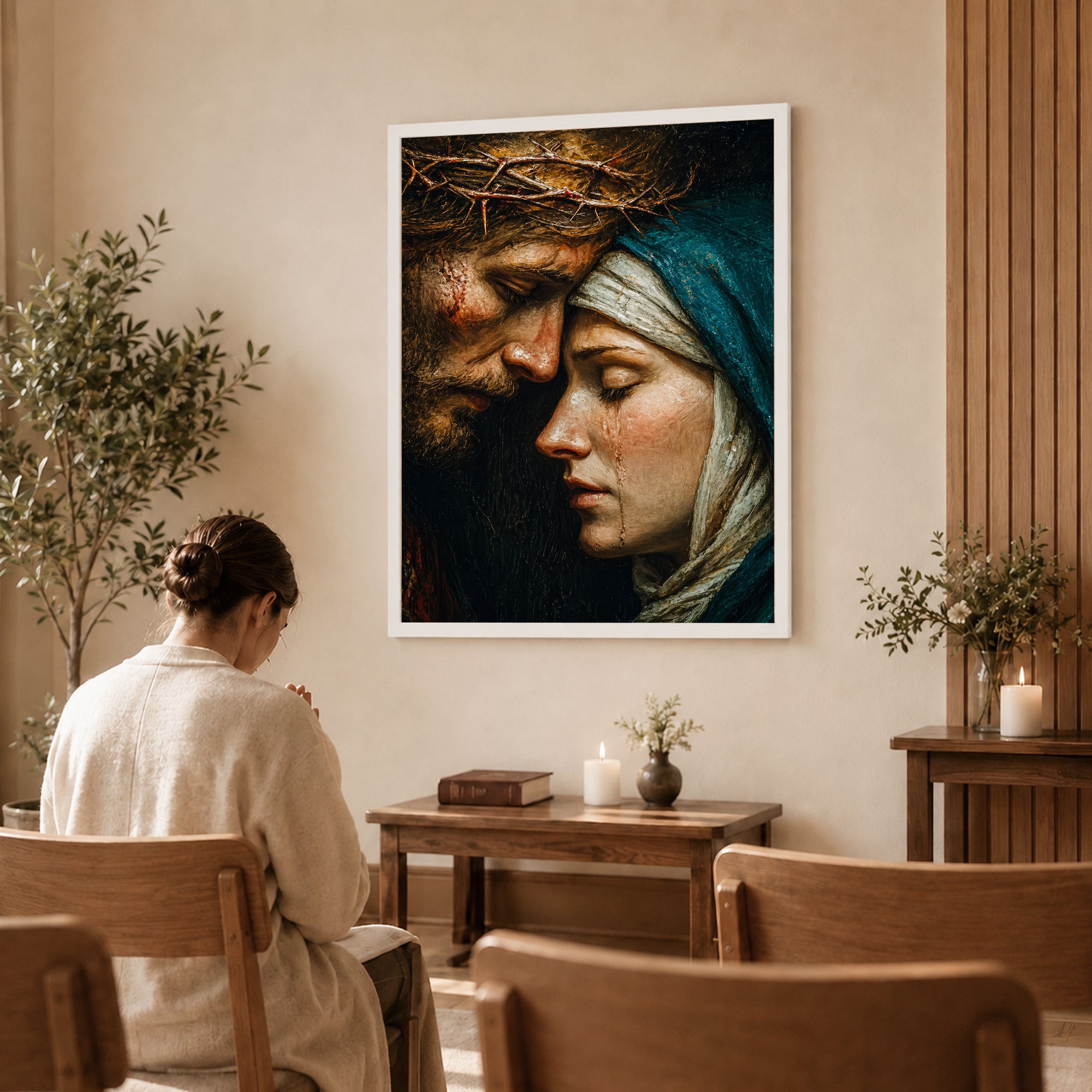 Jesus & Mary Sacred Sorrow Wall Art – Crown of Thorns Christian Poster/Canvas