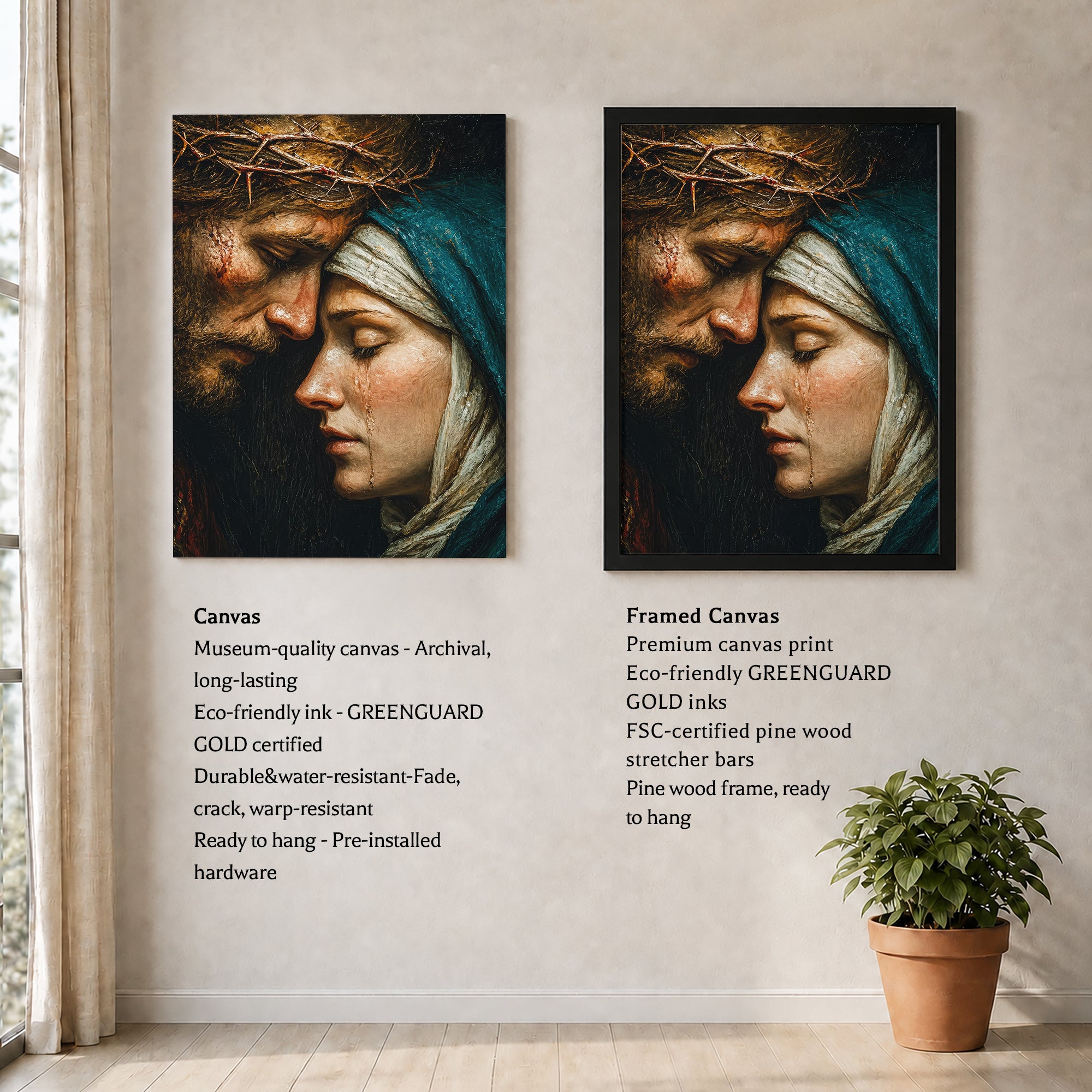Jesus & Mary Sacred Sorrow Wall Art – Crown of Thorns Christian Poster/Canvas