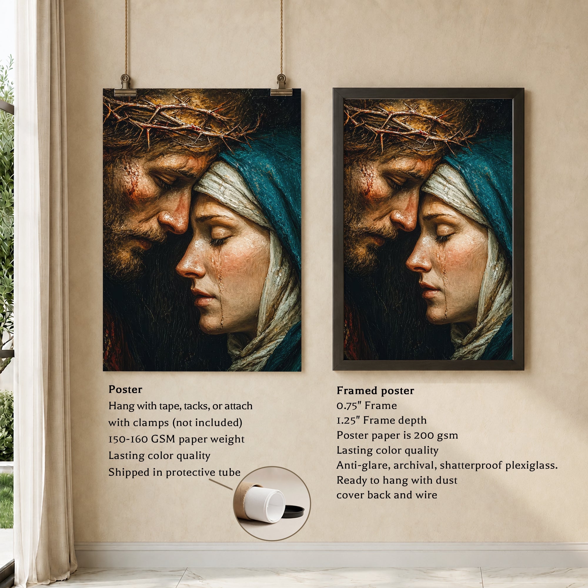Jesus & Mary Sacred Sorrow Wall Art – Crown of Thorns Christian Poster/Canvas