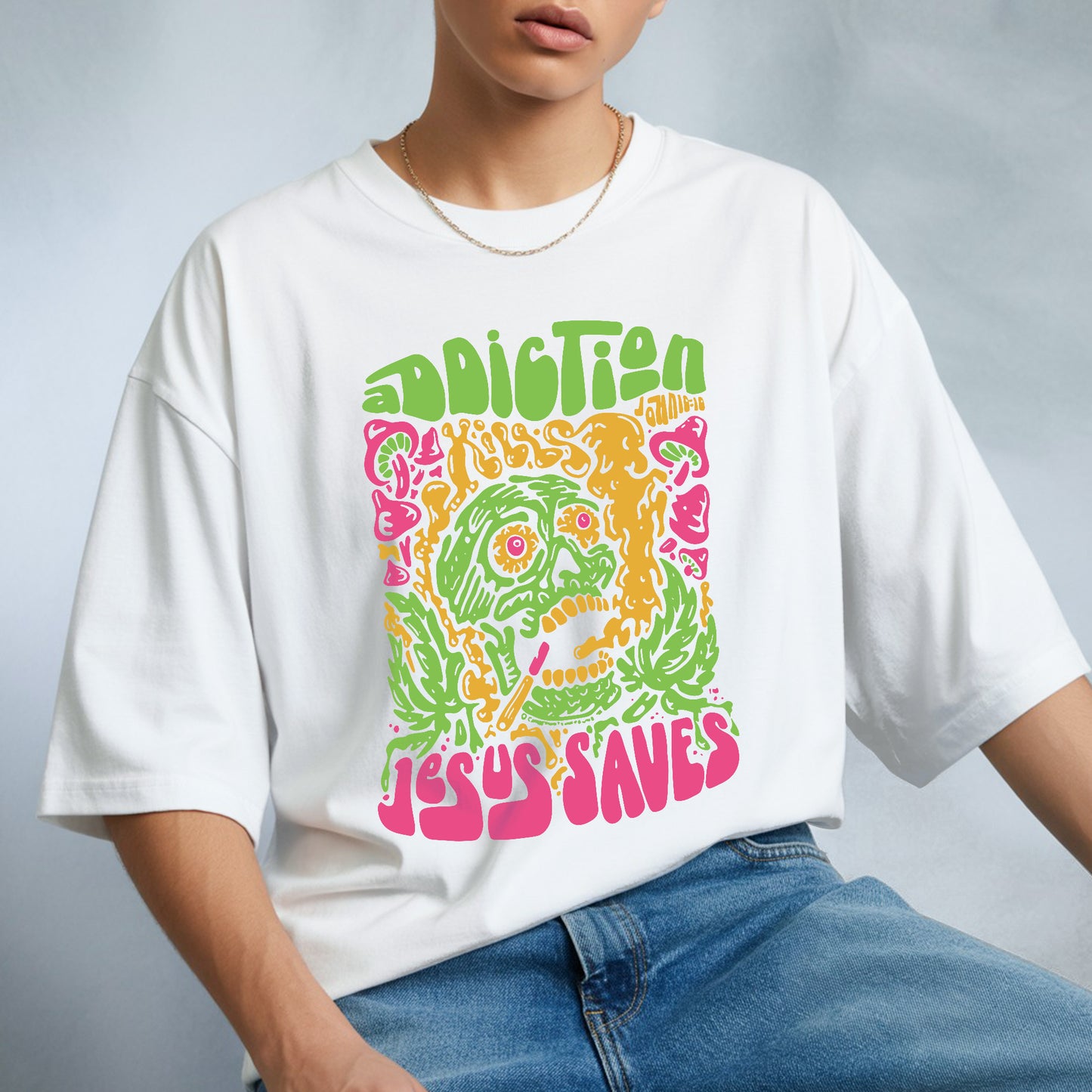 "Addiction Jesus Saves" Skull Design Christian T-Shirt | Faith Guided Life Apparel