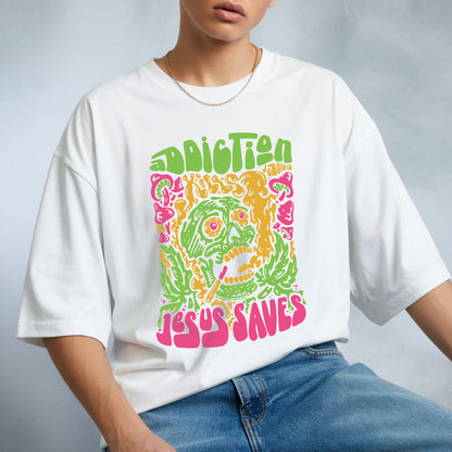 "Addiction Jesus Saves" Skull Design Christian T-Shirt | Faith Guided Life Apparel