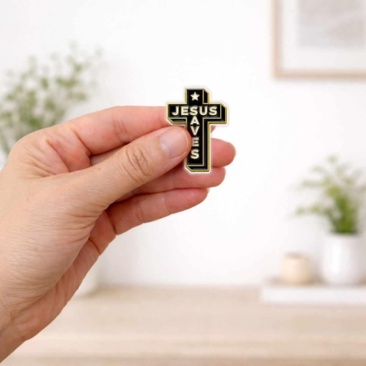 Jesus Saves Acrylic Pin – Christian Cross Pin for Jackets, Bags, Hats, and More