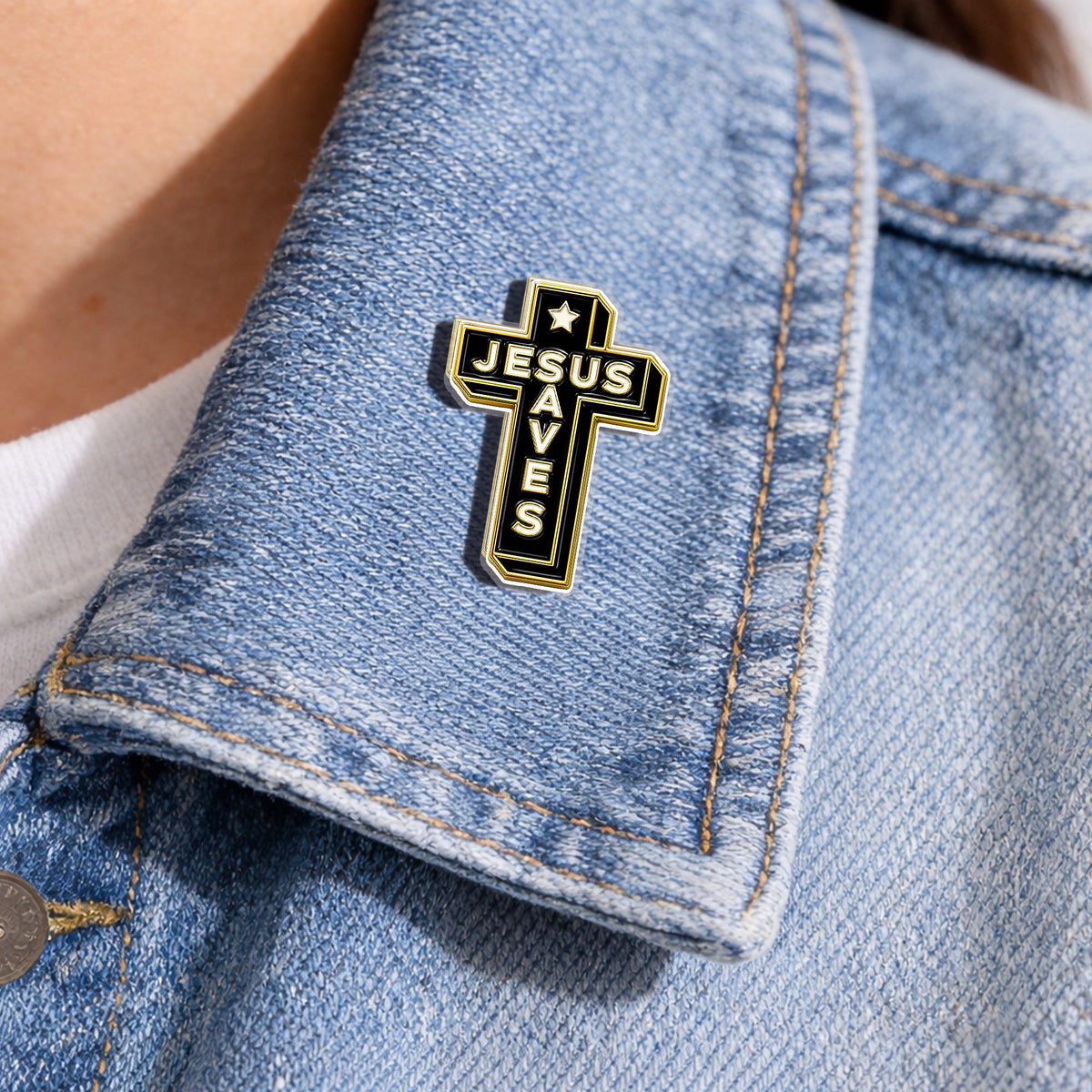 Jesus Saves Acrylic Pin – Christian Cross Pin for Jackets, Bags, Hats, and More