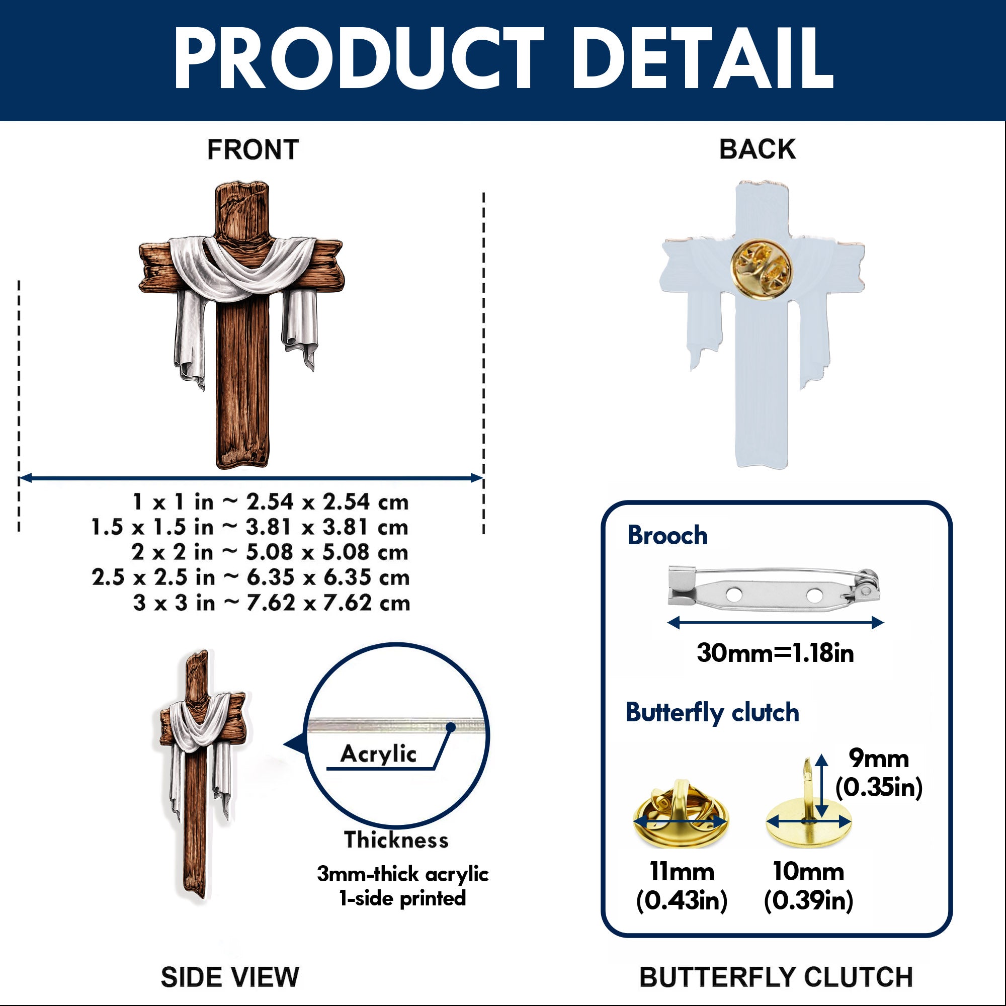 Crowned Cross Acrylic Pin – Faith-Based Pin for Apparel and Accessories