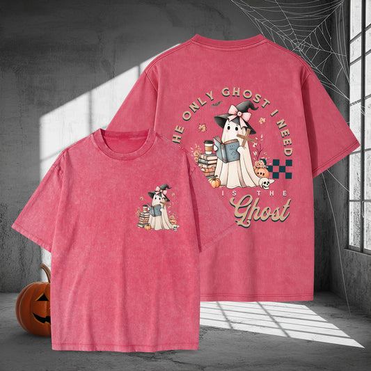 The Only Ghost I Need Is The Ghost Bookworm Halloween Washed 100% Cotton Two Sides T-Shirt Cozy Reading Tee