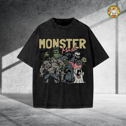 Monster Mash Vintage Washed 100% Cotton Halloween T-Shirt Classic Horror Characters Retro Tee