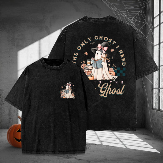 The Only Ghost I Need Cozy Autumn Reading Washed 100% Cotton Two Sides Halloween T-Shirt Book Lover Tee