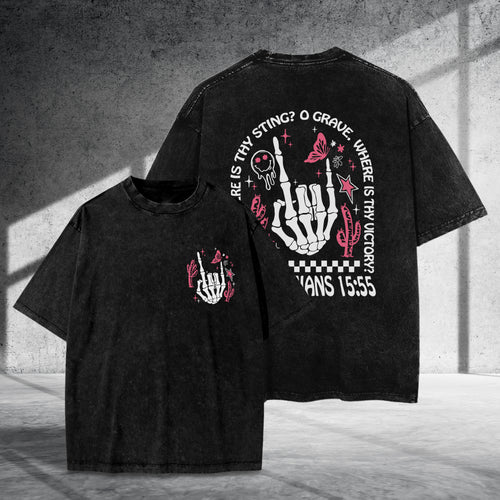 Where Is Thy Sting O Grave Christian Victory Washed 100% Cotton Two Sides T-Shirt 1 Corinthians 15:55 Faith Tee
