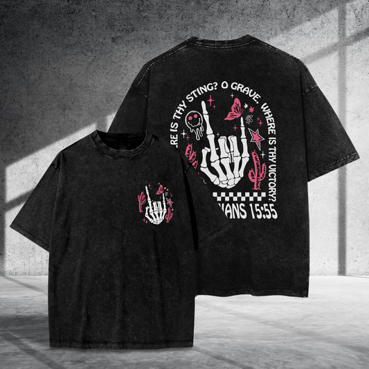 Where Is Thy Sting O Grave Christian Victory Washed 100% Cotton Two Sides T-Shirt 1 Corinthians 15:55 Faith Tee